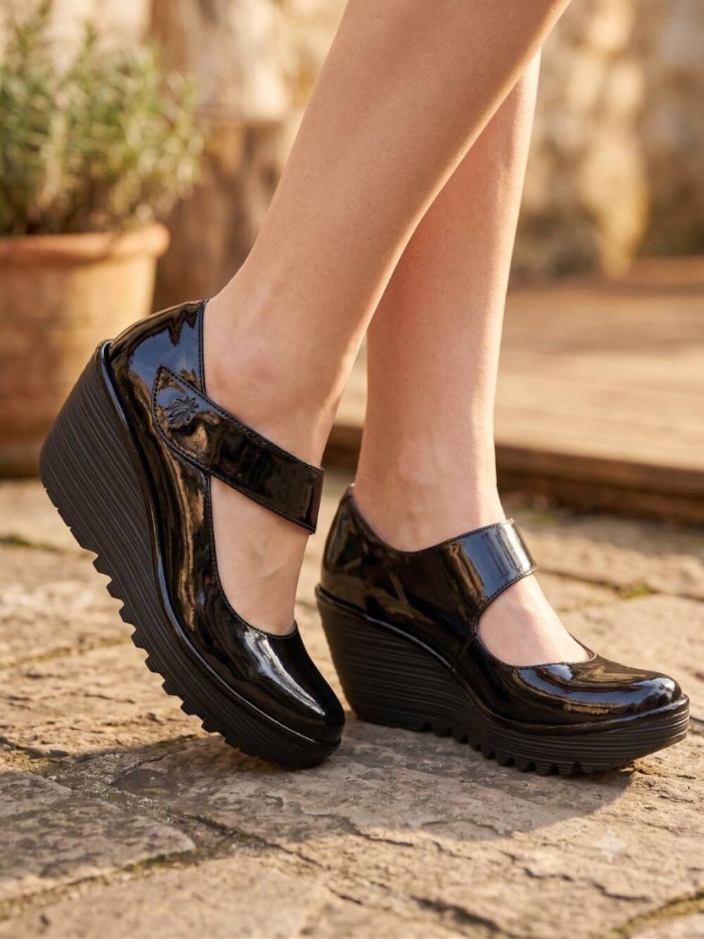 Fly London Yasi Black Patent Mary Jane Wedges